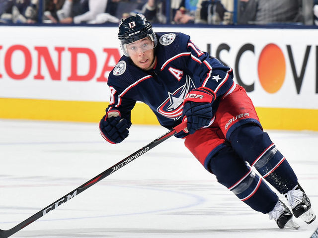 COLUMBUS, OH - APRIL 16: Cam Atkinson #13 of the Columbus Blue Jackets skates against the Tampa Bay Lightning in Game Four of the Eastern Conference First Round during the 2019 NHL Stanley Cup Playoffs on April 16, 2019 at Nationwide Arena in Columbus, Ohio. Columbus defeated Tampa Bay 7-3 to win the series 4-0.