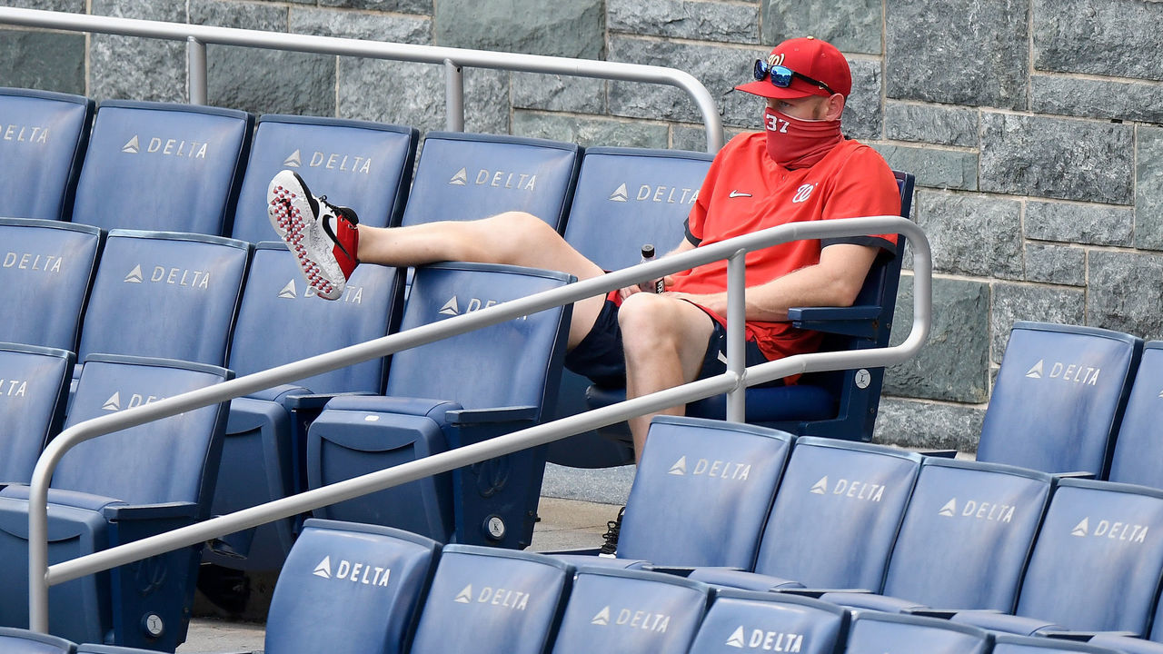WASHINGTON, DC - JULY 28: Stephen Strasburg #37 of the Washington Nationals watches the game against the Toronto Blue Jays from the stands in the second inning at Nationals Park on July 28, 2020 in Washington, DC.