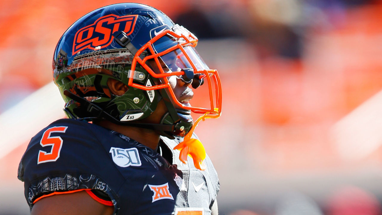 STILLWATER, OK - NOVEMBER 2: Cornerback Kemah Siverand #5 of the Oklahoma State Cowboys warms up before a game against the TCU Horned Frogs on November 2, 2019 at Boone Pickens Stadium in Stillwater, Oklahoma. OSU won 34-27.