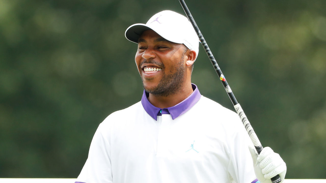 GREENSBORO, NORTH CAROLINA - AUGUST 13: Harold Varner III of the United States reacts on the 18th tee during the first round of the Wyndham Championship at Sedgefield Country Club on August 13, 2020 in Greensboro, North Carolina.
