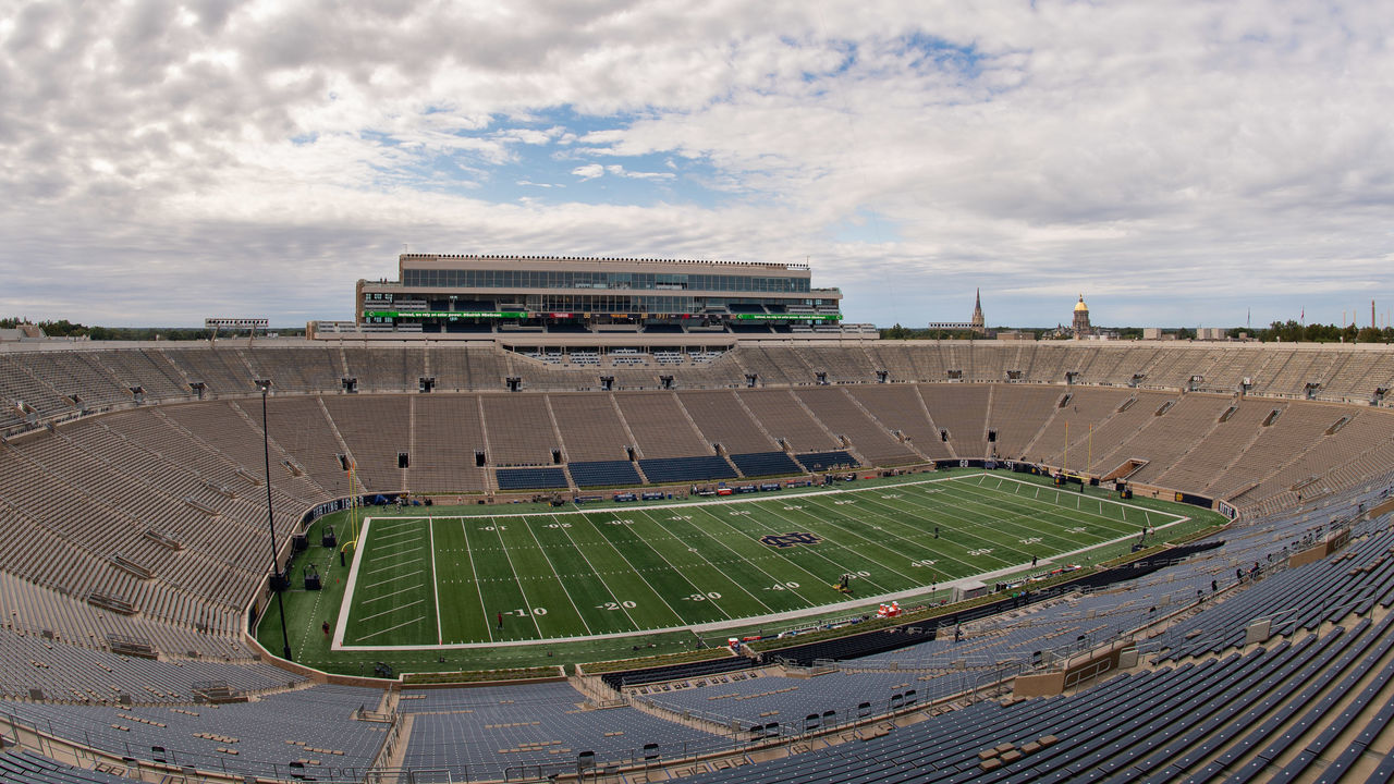 SOUTH BEND, IN - SEPTEMBER 29: Notre Dame Stadium empty before the college football game between the Notre Dame Fighting Irish and Stanford Cardinals on September 29, 2018, at Notre Dame Stadium in South Bend, IN.