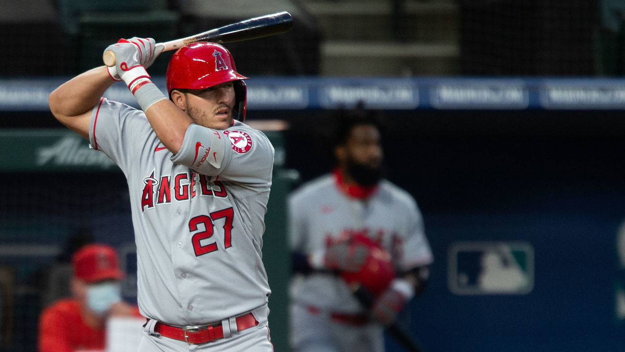 SEATTLE, WA - AUGUST 04: Mike Trout #27 of the Los Angeles Angels during an at-bat against the Seattle Mariners in the fifth inning at T-Mobile Park on August 4, 2020 in Seattle, Washington. The Angels beat the Mariners 5-3.