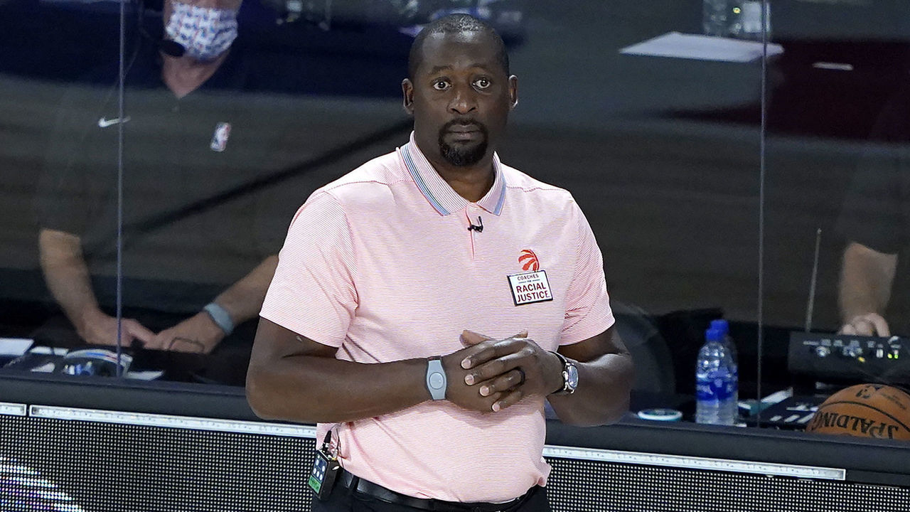 LAKE BUENA VISTA, FLORIDA - AUGUST 12: Assistant coach Adrian Griffin of the Toronto Raptors watches first-half action against the Philadelphia 76ers after head coach Nick Nurse stepped down for the night to let Griffin coach at The Field House at ESPN Wide World Of Sports Complex on August 12, 2020 in Lake Buena Vista, Florida.