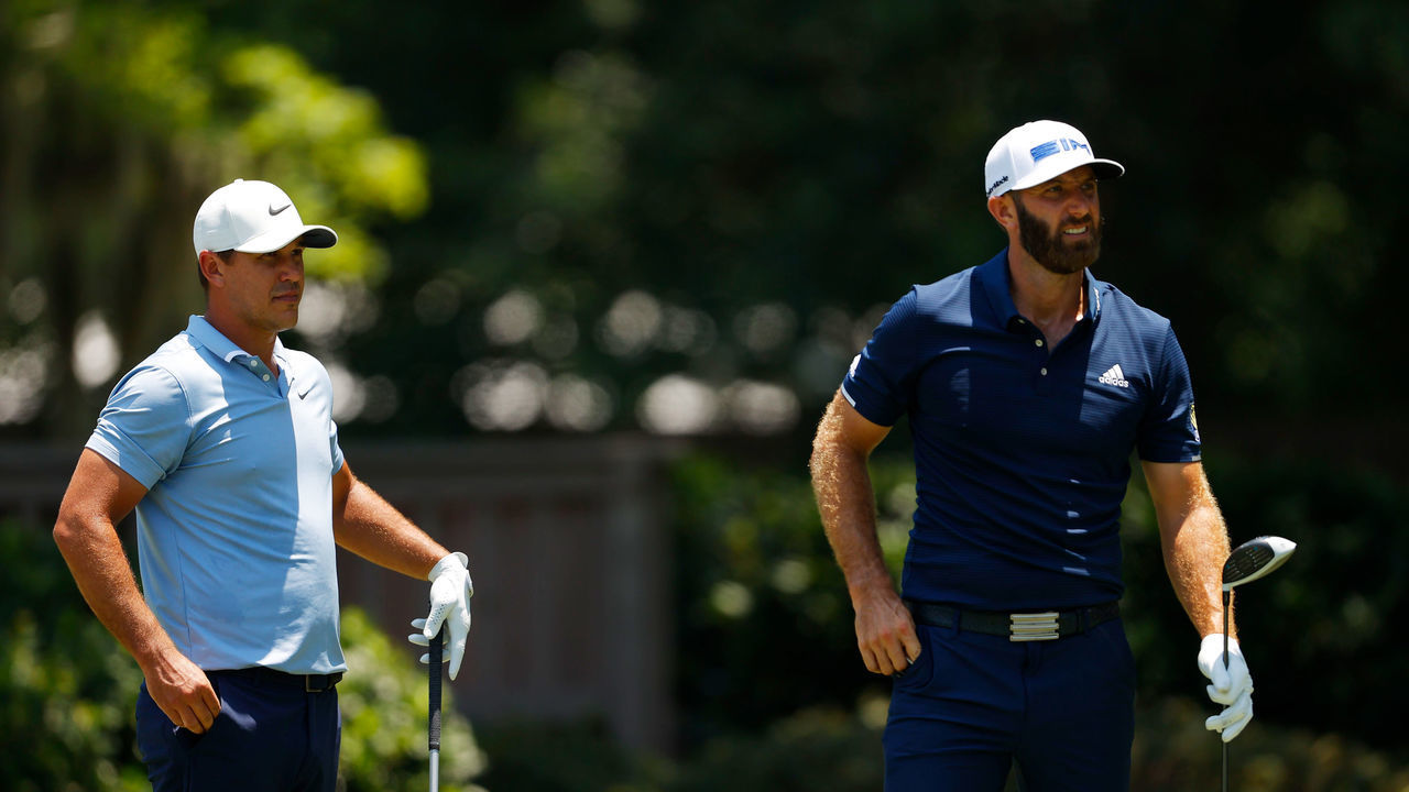 HILTON HEAD ISLAND, SOUTH CAROLINA - JUNE 21: Brooks Koepka of the United States and Dustin Johnson of the United States look on from the third tee during the final round of the RBC Heritage on June 21, 2020 at Harbour Town Golf Links in Hilton Head Island, South Carolina.