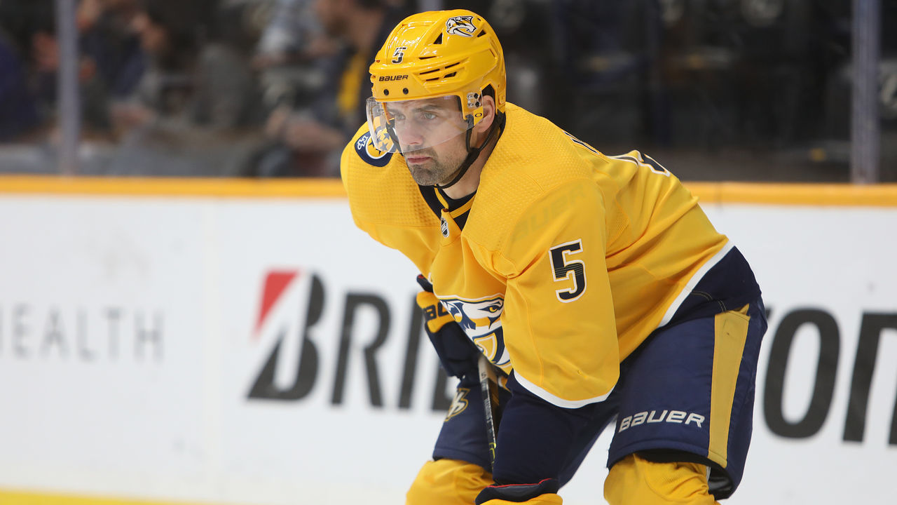 NASHVILLE, TN - FEBRUARY 13: Nashville Predators defenseman Dan Hamhuis (5) is shown during the NHL game between the Nashville Predators and New York Islanders, held on February 13, 2020, at Bridgestone Arena in Nashville, Tennessee.