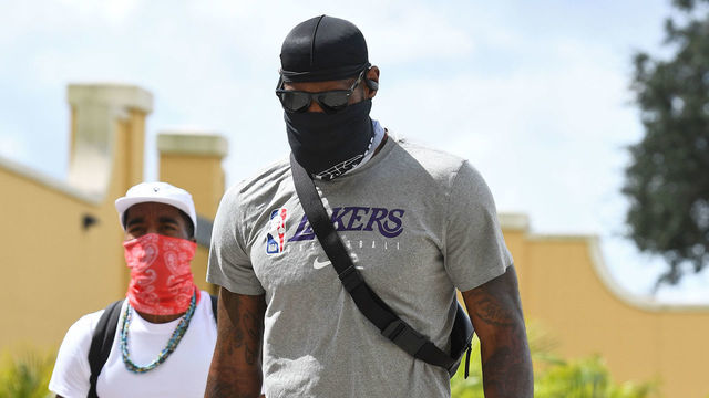 ORLANDO, FL - AUGUST 13: LeBron James #23 of the Los Angeles Lakers arrives to the arena before the game against the Sacramento Kings on August 13, 2020 in Orlando, Florida at AdventHealth Arena. NOTE TO USER: User expressly acknowledges and agrees that, by downloading and/or using this photograph, user is consenting to the terms and conditions of the Getty Images License Agreement. Mandatory Copyright Notice: Copyright 2020 NBAE