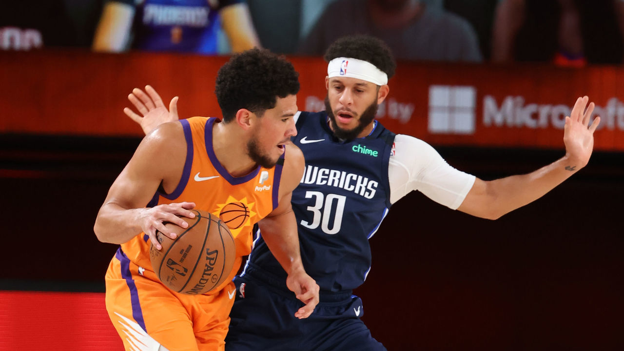 Orlando, FL - AUGUST 13: Devin Booker #1 of the Phoenix Suns handles the ball against the Dallas Mavericks on August 13, 2020 at AdventHealth Arena in Orlando, Florida. NOTE TO USER: User expressly acknowledges and agrees that, by downloading and/or using this Photograph, user is consenting to the terms and conditions of the Getty Images License Agreement. Mandatory Copyright Notice: Copyright 2020 NBAE