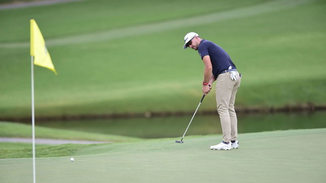 GREENSBORO, NORTH CAROLINA - AUGUST 13: Roger Sloan of Canada putts on the 15th green during the first round of the Wyndham Championship at Sedgefield Country Club on August 13, 2020 in Greensboro, North Carolina.