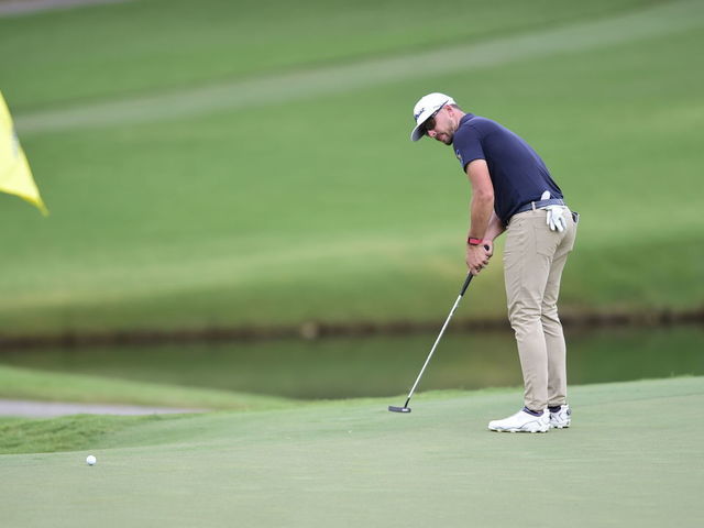 GREENSBORO, NORTH CAROLINA - AUGUST 13: Roger Sloan of Canada putts on the 15th green during the first round of the Wyndham Championship at Sedgefield Country Club on August 13, 2020 in Greensboro, North Carolina.