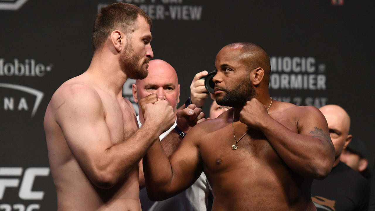 LAS VEGAS, NV - JULY 06: (L-R) Opponents Stipe Miocic and Daniel Cormier face off during the UFC 226 weigh-in inside T-Mobile Arena on July 6, 2018 in Las Vegas, Nevada.