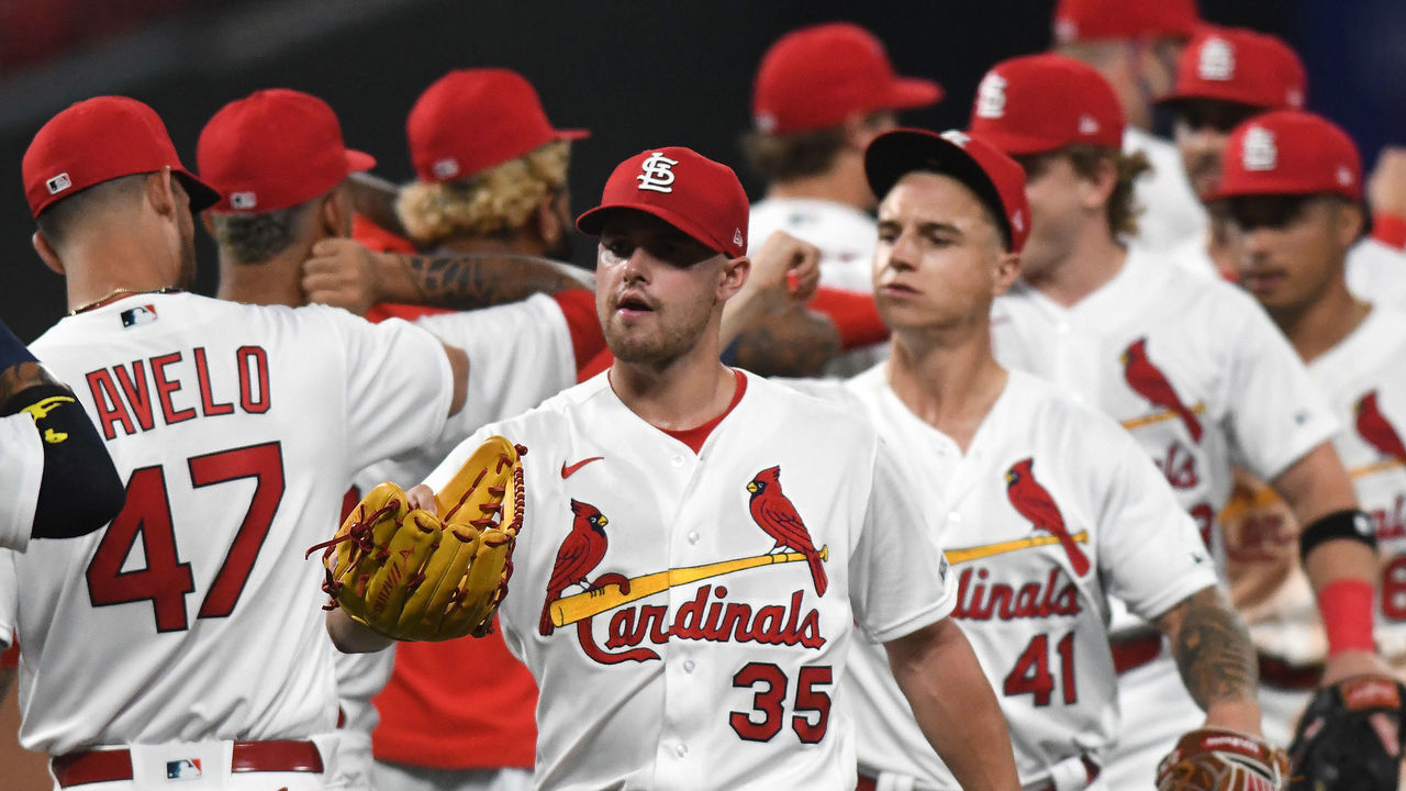 ST. LOUIS, MO - JULY 24: Cardinals players celebrate after winning a Major League Baseball game between the Pittsburgh Pirates and the St. Louis Cardinals, on July 24, 2020, at Busch Stadium, St. Louis, MO. Photo by Keith Gillett/Icon Sportswire via Getty Images)