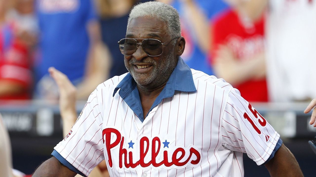 PHILADELPHIA, PA - AUGUST 09: Former Philadelphia Phillies great Dick Allen is introduced during a ceremony to honor former manager Charlie Manuel who was inducted to the Phillies Wall of Fame before the start of a game against the New York Mets at Citizens Bank Park on August 9, 2014 in Philadelphia, Pennsylvania.
