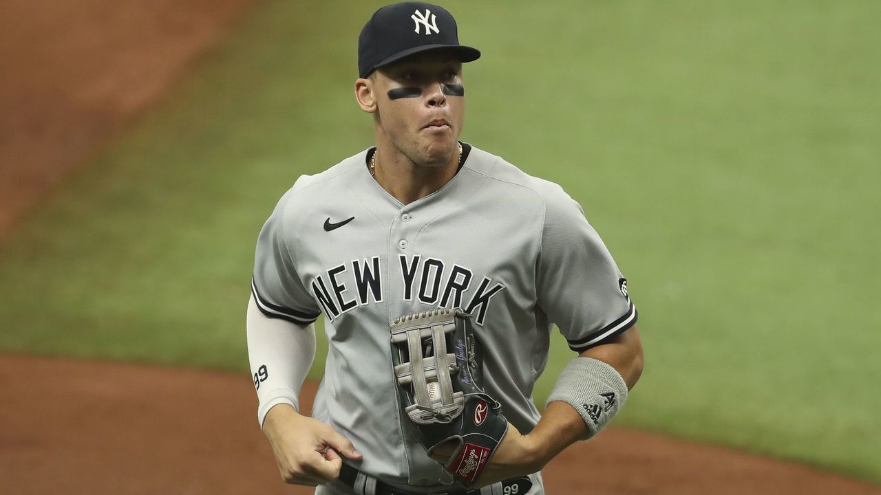 ST. PETERSBURG, FL - AUGUST 09: New York Yankees right fielder Aaron Judge (99) during the MLB game between the New York Yankees and Tampa Bay Rays on August 09, 2020 at Tropicana Field in St. Petersburg, FL.