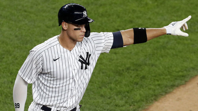NEW YORK, NEW YORK - AUGUST 03: (NEW YORK DAILIES OUT) Aaron Judge #99 of the New York Yankees in action against the Philadelphia Phillies at Yankee Stadium on August 03, 2020 in New York City. The Yankees defeated the Phillies 6-3.