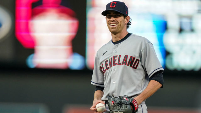 MINNEAPOLIS, MN - JULY 30: Shane Bieber #57 of the Cleveland Indians looks on and smiles against the Minnesota Twins on July 30, 2020 at Target Field in Minneapolis, Minnesota.
