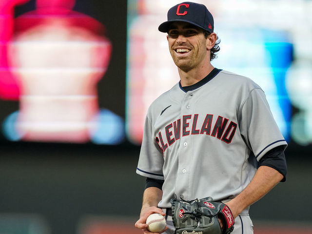 Shane Bieber of the Cleveland Indians looks on and smiles against