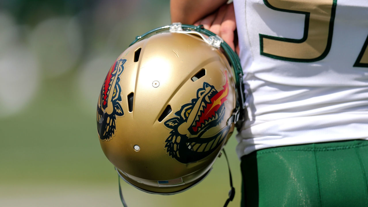 AKRON, OH - SEPTEMBER 07: A UAB Blazers player holds his helmet on the sideline during the second quarter of the college football game between the UAB Blazers and Akron Zips on September 7, 2019, at Summa Field at InfoCision Stadium in Akron, OH.
