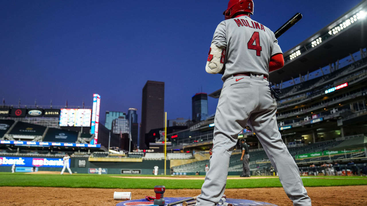 MINNEAPOLIS, MN - JULY 28: Yadier Molina #4 of the St. Louis Cardinals looks on against the Minnesota Twins on July 28, 2020 at the Target Field in Minneapolis, Minnesota.