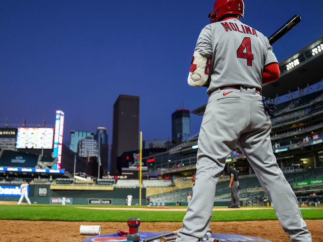 MINNEAPOLIS, MN - JULY 28: Yadier Molina #4 of the St. Louis Cardinals looks on against the Minnesota Twins on July 28, 2020 at the Target Field in Minneapolis, Minnesota.