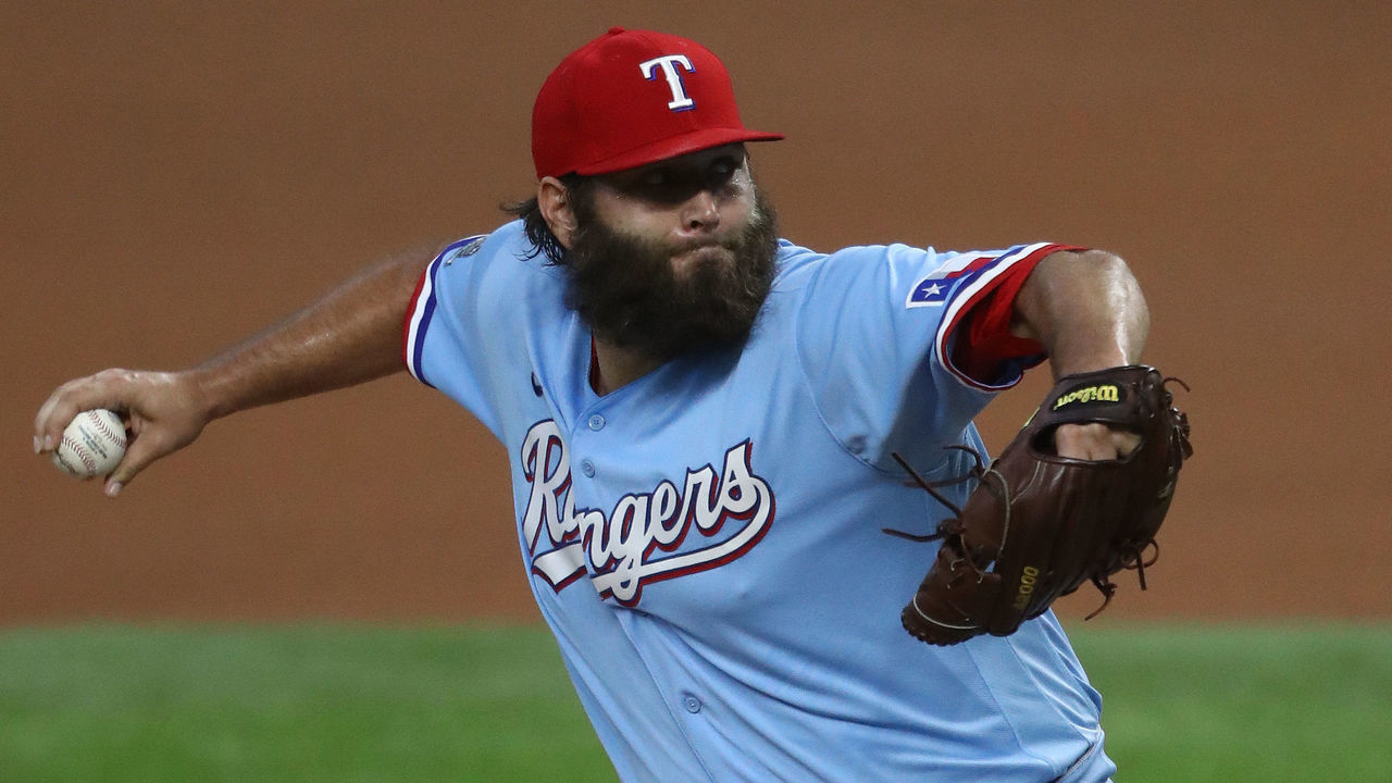 ARLINGTON, TEXAS - AUGUST 09: Lance Lynn #35 of the Texas Rangers throws against the Los Angeles Angels in the first inning at Globe Life Field on August 09, 2020 in Arlington, Texas.