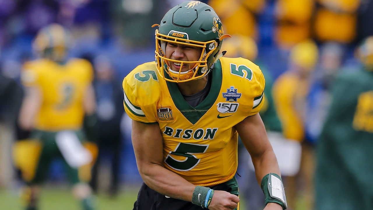 FRISCO, TX - JANUARY 11: North Dakota State Bison quarterback Trey Lance (5) celebrates his team scoring a touchdown during the game between the North Dakota State Bison and the James Madison Dukes on January 11, 2020 at Toyota Stadium in Frisco, Texas.