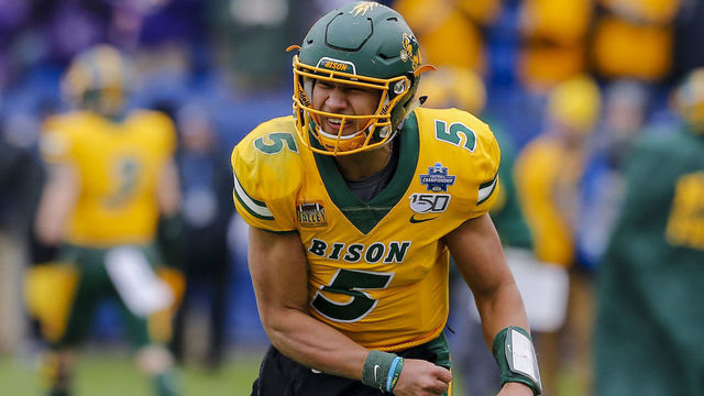 FRISCO, TX - JANUARY 11: North Dakota State Bison quarterback Trey Lance (5) celebrates his team scoring a touchdown during the game between the North Dakota State Bison and the James Madison Dukes on January 11, 2020 at Toyota Stadium in Frisco, Texas.