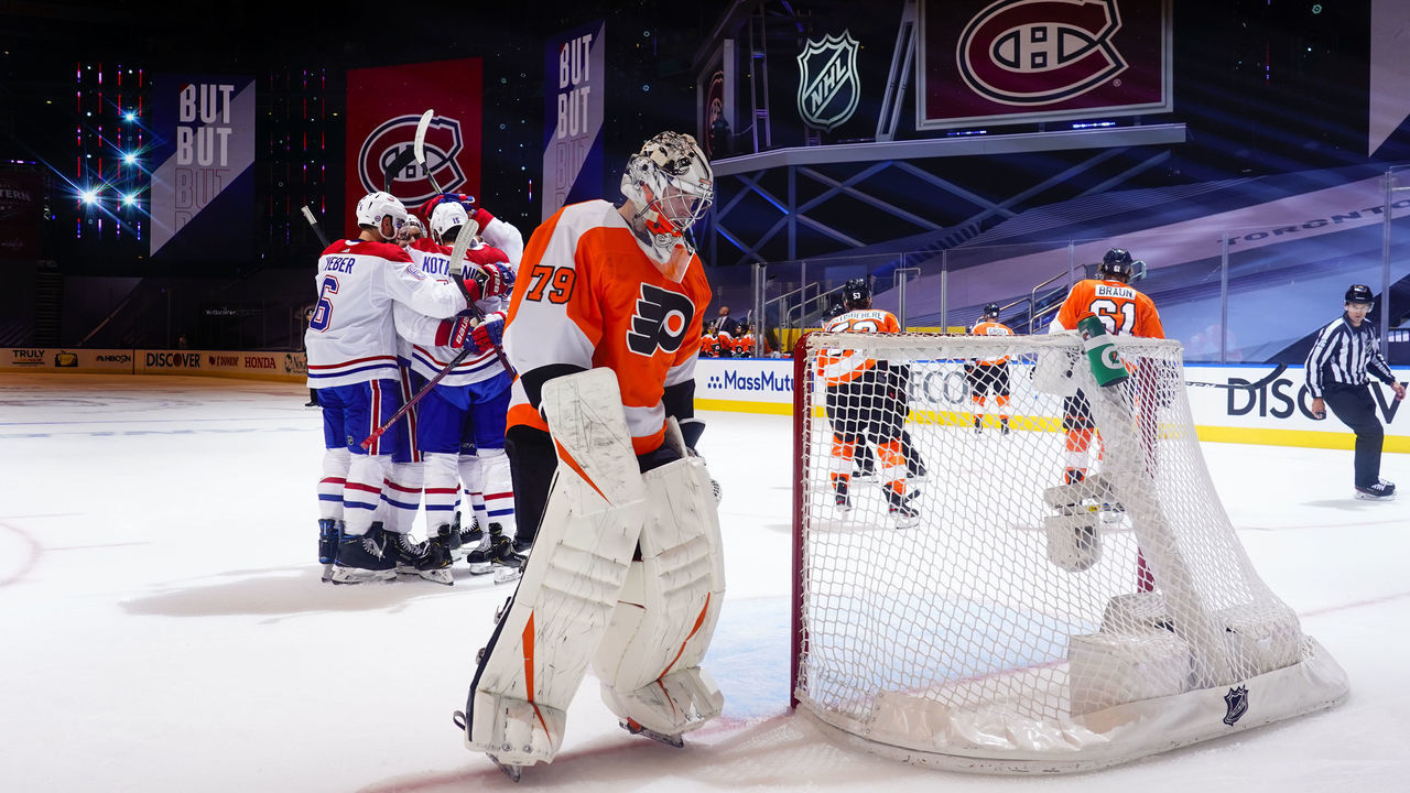 TORONTO, ONTARIO - AUGUST 14: Jesperi Kotkaniemi #15 of the Montreal Canadiens celebrates after scoring against Carter Hart #79 of the Philadelphia Flyers with teammates Ben Chiarot #8, Max Domi #13, Jonathan Drouin #92 and Shea Weber #6 during the first period in Game Two of the Eastern Conference First Round of the 2020 NHL Stanley Cup Playoff at Scotiabank Arena on August 14, 2020 in Toronto, Ontario.