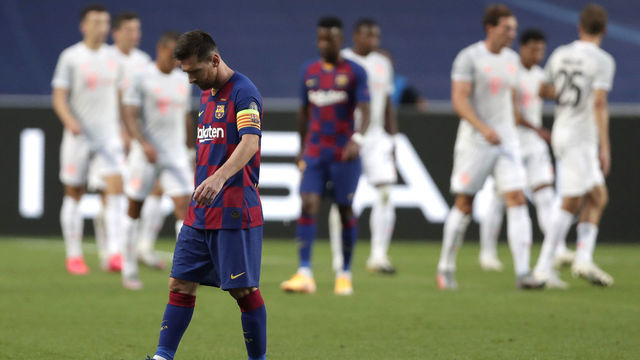 Barcelona's Argentinian forward Lionel Messi reacts during the UEFA Champions League quarter-final football match between Barcelona and Bayern Munich at the Luz stadium in Lisbon on August 14, 2020.