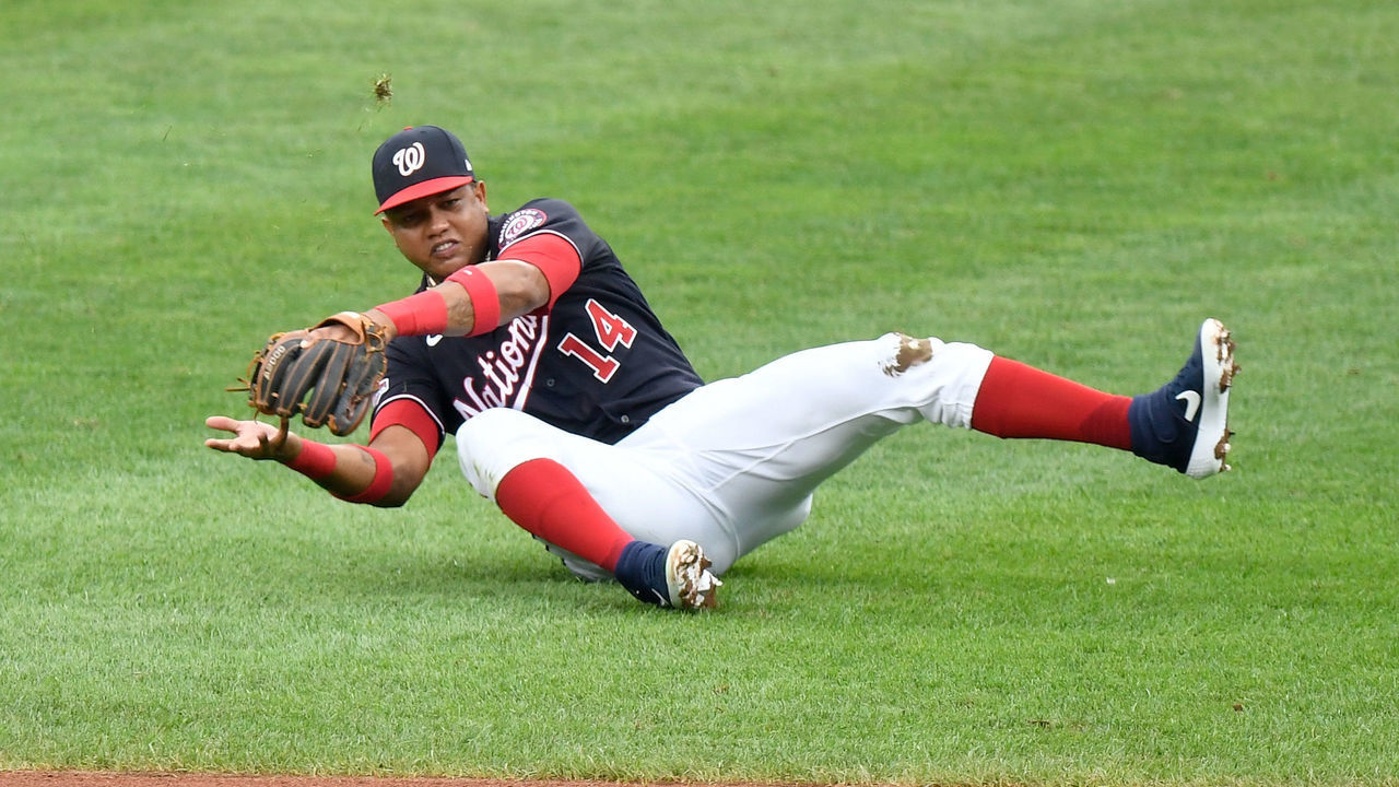 BALTIMORE, MD - AUGUST 14: Starlin Castro #14 of the Washington Nationals fields an infield single by Bryan Holaday #36 (not pictured) of the Baltimore Orioles in the sixth inning at Oriole Park at Camden Yards on August 14, 2020 in Baltimore, Maryland. The game was a continuation of a suspended game from August 9, 2020.