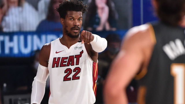 Orlando, FL - AUGUST 12: Jimmy Butler #22 of the Miami Heat during a game against the Oklahoma City Thunder on August 12, 2020 at the Visa Athletic Center at ESPN Wide World Of Sports Complex in Orlando, Florida. NOTE TO USER: User expressly acknowledges and agrees that, by downloading and/or using this Photograph, user is consenting to the terms and conditions of the Getty Images License Agreement. Mandatory Copyright Notice: Copyright 2020 NBAE