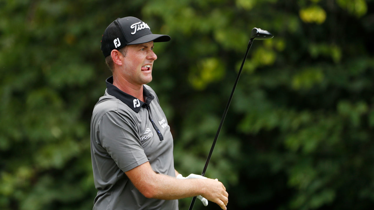 GREENSBORO, NORTH CAROLINA - AUGUST 14: Webb Simpson of the United States plays his shot from the eighth tee during the second round of the Wyndham Championship at Sedgefield Country Club on August 14, 2020 in Greensboro, North Carolina.