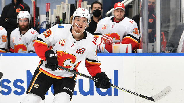 EDMONTON, ALBERTA - AUGUST 11: Matthew Tkachuk #19 of the Calgary Flames skates in the second period during Game One of the Western Conference First Round of the 2020 NHL Stanley Cup Playoff at Rogers Place on August 11, 2020 in Edmonton, Alberta.