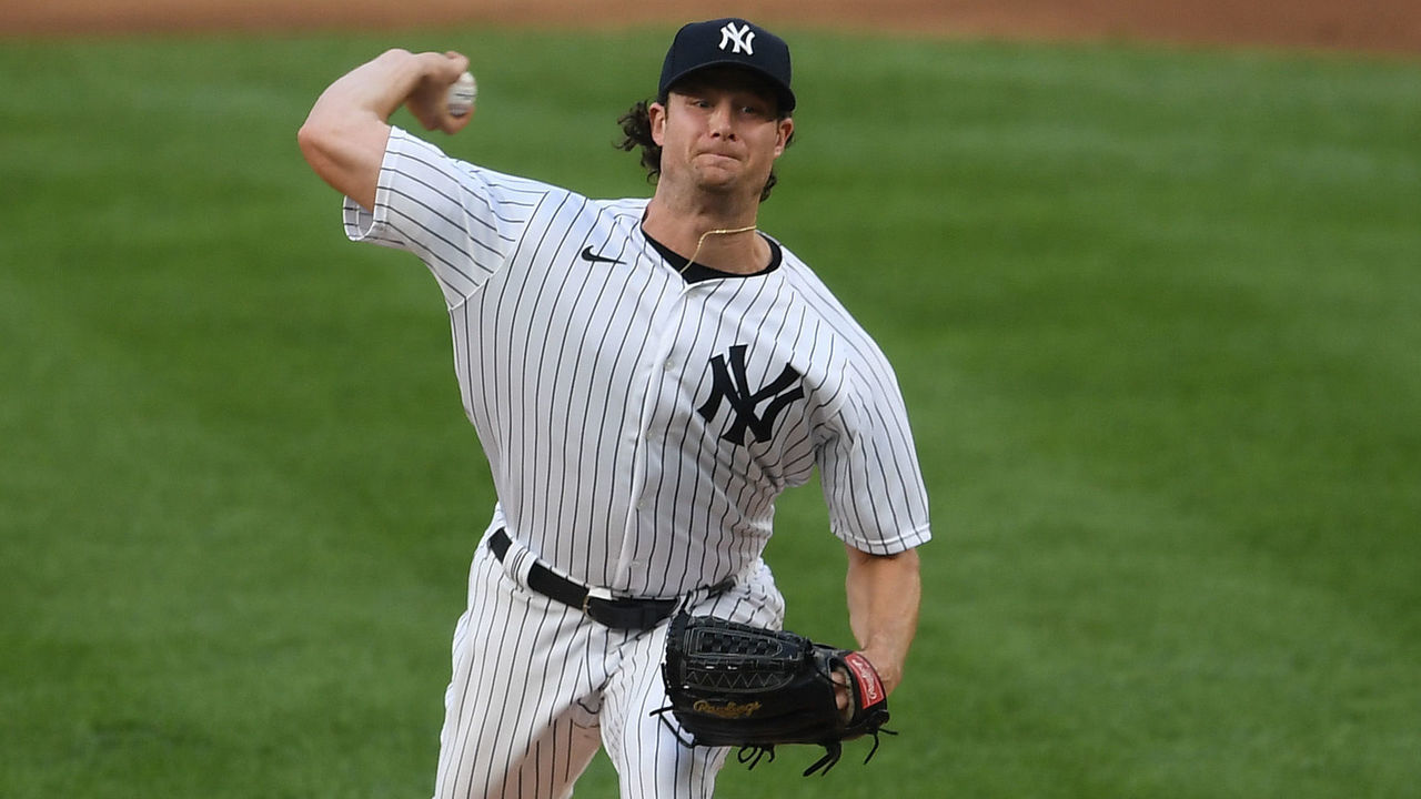 NEW YORK, NEW YORK - AUGUST 14: Gerrit Cole #45 of the New York Yankees pitches during the first inning against the Boston Red Sox at Yankee Stadium on August 14, 2020 in the Bronx borough of New York City.
