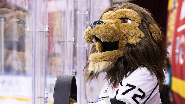 BEIJING, CHINA - SEPTEMBER 23: The Los Angeles Kings mascot Bailey looks on during the pre-season game between the Los Angeles Kings and the Vancouver Canucks at Wukesong Arena on September 23, 2017 in Beijing, China.