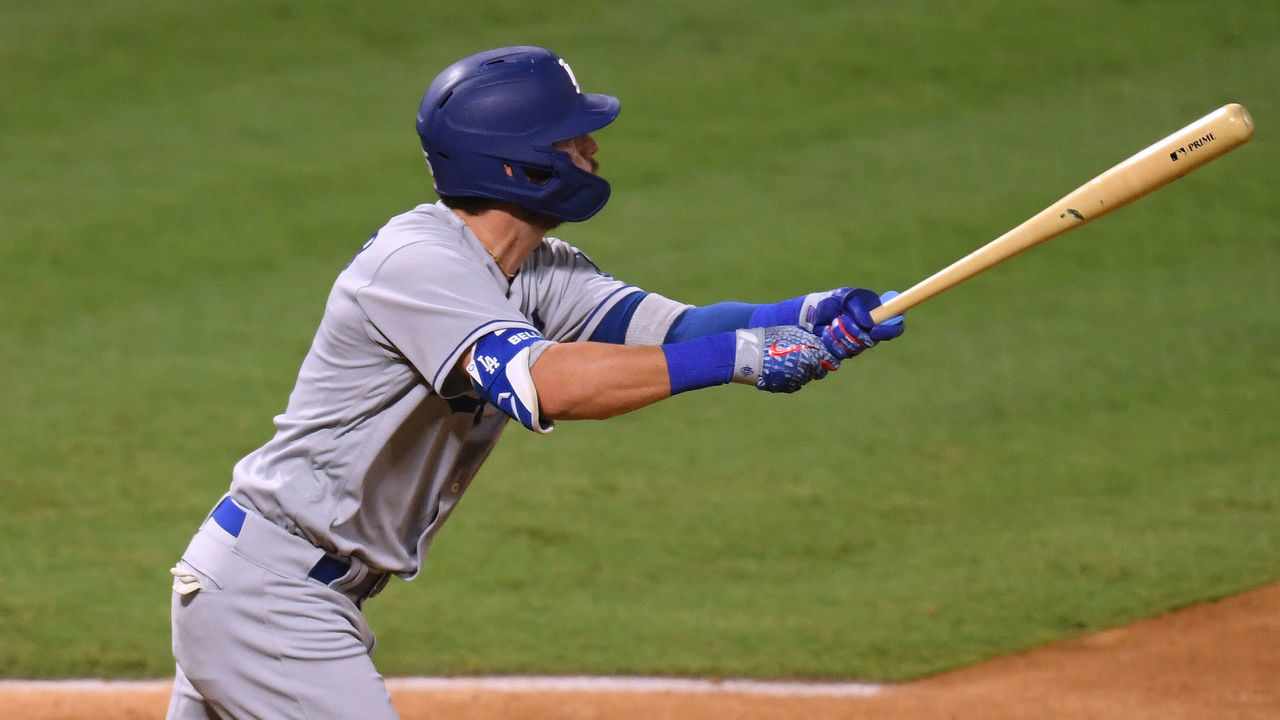 ANAHEIM, CALIFORNIA - AUGUST 14: Cody Bellinger #35 of the Los Angeles Dodgers hits a two run homerun, to take a 7-1 lead over the Los Angeles Angels, during the eighth inning at Angel Stadium of Anaheim on August 14, 2020 in Anaheim, California.