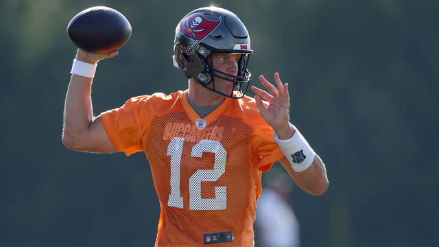 TAMPA, FL - AUG 13: Tom Brady (12) of the Bucs throws a pass during the Tampa Bay Buccaneers Training Camp on August 13, 2020 at the AdventHealth Training Center in Tampa, Florida.