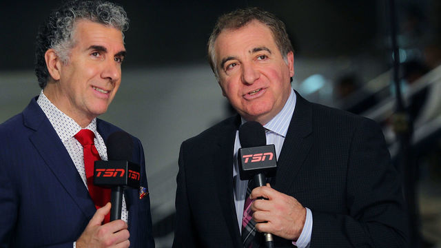 BUFFALO, NY - JUNE 03: Craig Button (left) and Gino Reda (right) broadcast for TSN during the NHL Combine at HarborCenter on June 3, 2017 in Buffalo, New York.