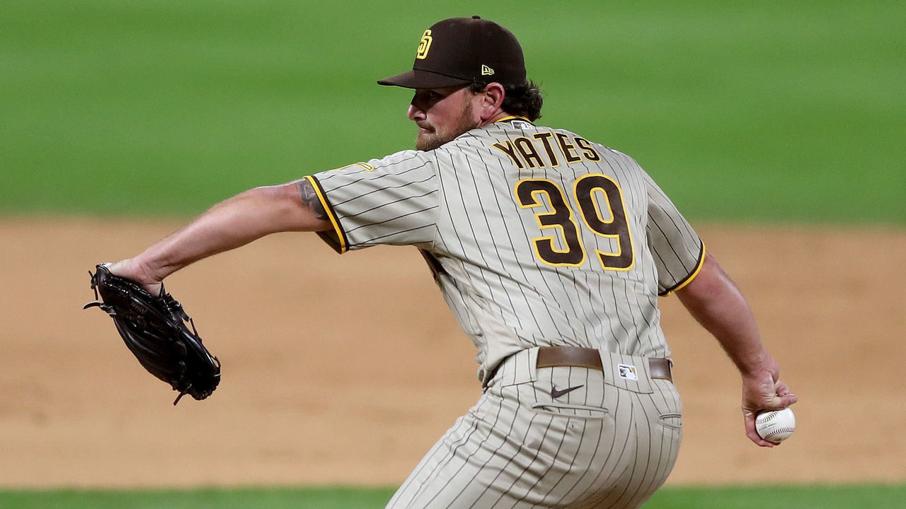 DENVER, COLORADO - JULY 31: Pitcher Kirby Yates #39 of the San Diego Padres throws in the ninth inning against the Colorado Rockies at Coors Field on July 31, 2020 in Denver, Colorado.