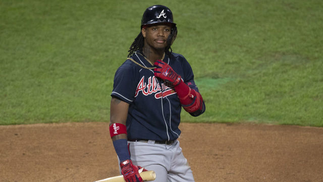 PHILADELPHIA, PA - AUGUST 08: Ronald Acuna Jr. #13 of the Atlanta Braves looks on during his at bat in the top of the eighth inning against the Philadelphia Phillies at Citizens Bank Park on August 8, 2020 in Philadelphia, Pennsylvania. The Phillies defeated the Braves 5-0.