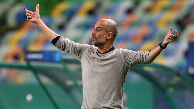 LISBON, PORTUGAL - AUGUST 15: Pep Guardiola the manager of Manchester City reacts during the UEFA Champions League Quarter Final match between Manchester City and Lyon at Estadio Jose Alvalade on August 15, 2020 in Lisbon, Portugal.