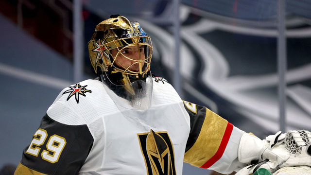 EDMONTON, ALBERTA - JULY 30: Goaltender Marc-Andre Fleury #29 of the Vegas Golden Knights looks on during the third period of the exhibition game against the Arizona Coyotes prior to the 2020 NHL Stanley Cup Playoffs at Rogers Place on July 30, 2020 in Edmonton, Alberta.