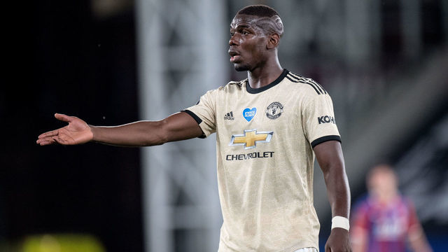 LONDON, ENGLAND - JULY 16: Paul Pogba of Manchester United reacts during the Premier League match between Crystal Palace and Manchester United at Selhurst Park on July 16, 2020 in London, United Kingdom. Football Stadiums around Europe remain empty due to the Coronavirus Pandemic as Government social distancing laws prohibit fans inside venues resulting in all fixtures being played behind closed doors.