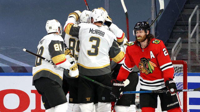 EDMONTON, ALBERTA - AUGUST 15: Patrick Brown #38 of the Vegas Golden Knights celebrates his goal with teammates in front of Duncan Keith #2 of the Chicago Blackhawks during the second period of Game Three of the Western Conference First Round of the 2020 NHL Stanley Cup Playoff at Rogers Place on August 15, 2020 in Edmonton, Alberta.