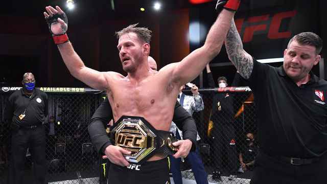 LAS VEGAS, NEVADA - AUGUST 15: Stipe Miocic celebrates after his victory over Daniel Cormier in their UFC heavyweight championship bout during the UFC 252 event at UFC APEX on August 15, 2020 in Las Vegas, Nevada.
