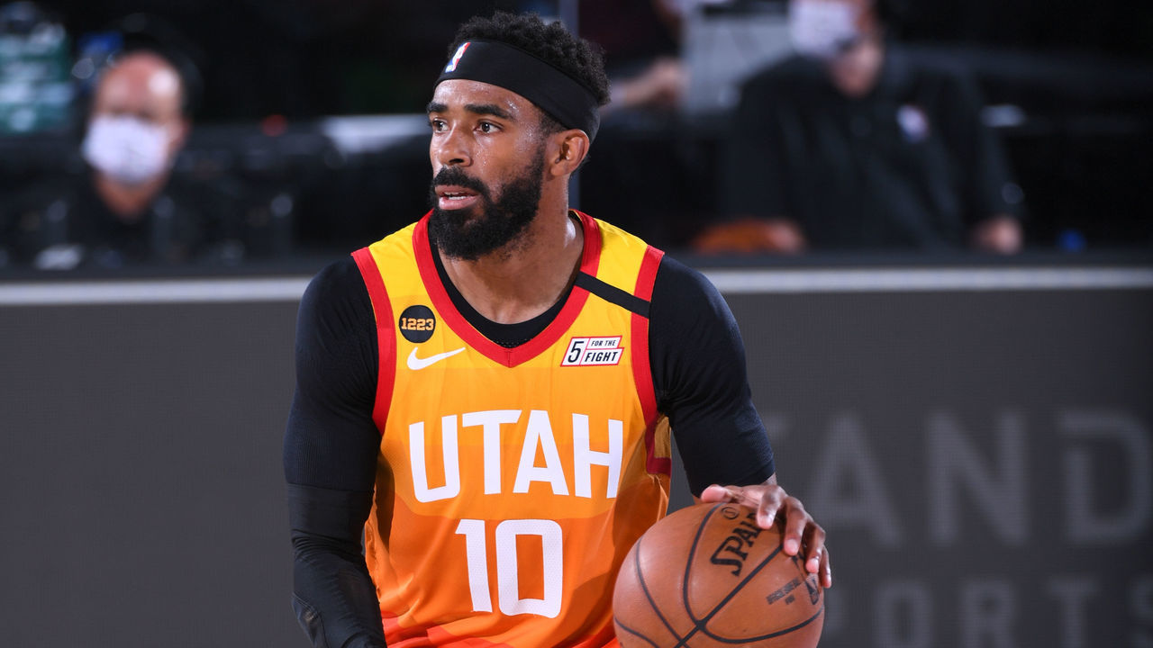 Orlando, FL - AUGUST 8: Mike Conley #10 of the Utah Jazz handles the ball against the Denver Nuggets on August 8, 2020 at AdventHealth Arena at ESPN Wide World of Sports in Orlando, Florida. NOTE TO USER: User expressly acknowledges and agrees that, by downloading and/or using this Photograph, user is consenting to the terms and conditions of the Getty Images License Agreement. Mandatory Copyright Notice: Copyright 2020 NBAE
