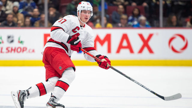 VANCOUVER, BC - DECEMBER 12: Carolina Hurricanes Left Wing Andrei Svechnikov (37) skates up ice during their NHL game against the Vancouver Canucks at Rogers Arena on December 12, 2019 in Vancouver, British Columbia, Canada.