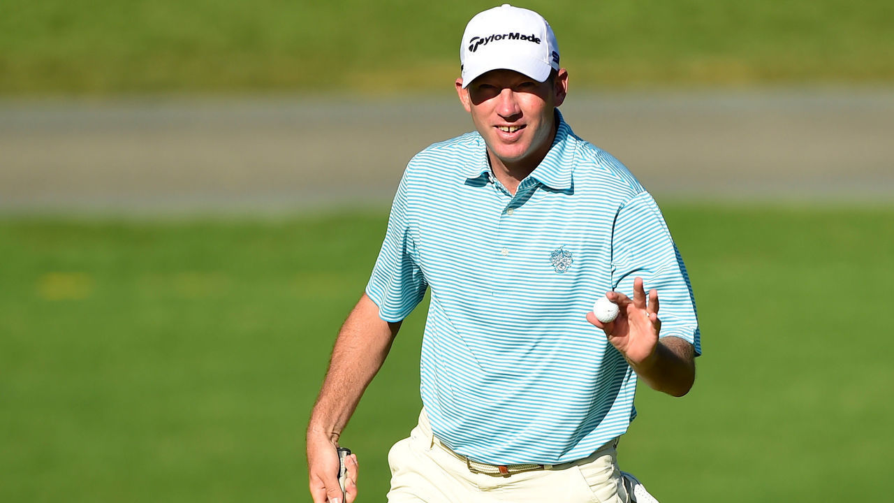GREENSBORO, NORTH CAROLINA - AUGUST 16: Jim Herman of the United States reacts to his during the final round of the Wyndham Championship at Sedgefield Country Club on August 16, 2020 in Greensboro, North Carolina.