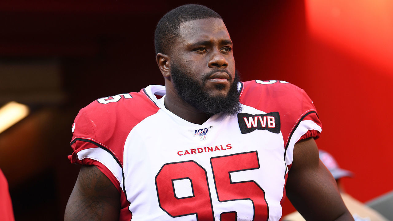 SANTA CLARA, CA - NOVEMBER 17: Arizona Cardinals Defensive End Rodney Gunter (95) looks on before the National Football League game between the Arizona Cardinals and the San Francisco 49ers on November 17, 2019, at Levi's Stadium in Santa Clara, CA.