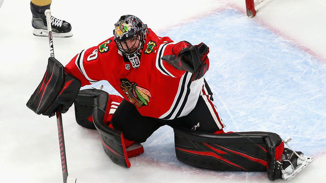 EDMONTON, ALBERTA - AUGUST 16: Corey Crawford #50 of the Chicago Blackhawks makes the second period save against the Vegas Golden Knights in Game Four of the Western Conference First Round during the 2020 NHL Stanley Cup Playoffs at Rogers Place on August 16, 2020 in Edmonton, Alberta, Canada.