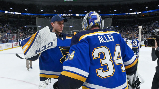 ST. LOUIS, MO - JANUARY 13: Jordan Binnington #50 of the St. Louis Blues congratulates Jake Allen #34 of the St. Louis Blues after beating the Anaheim Ducks 4-1 at Enterprise Center on January 13, 2020 in St. Louis, Missouri.